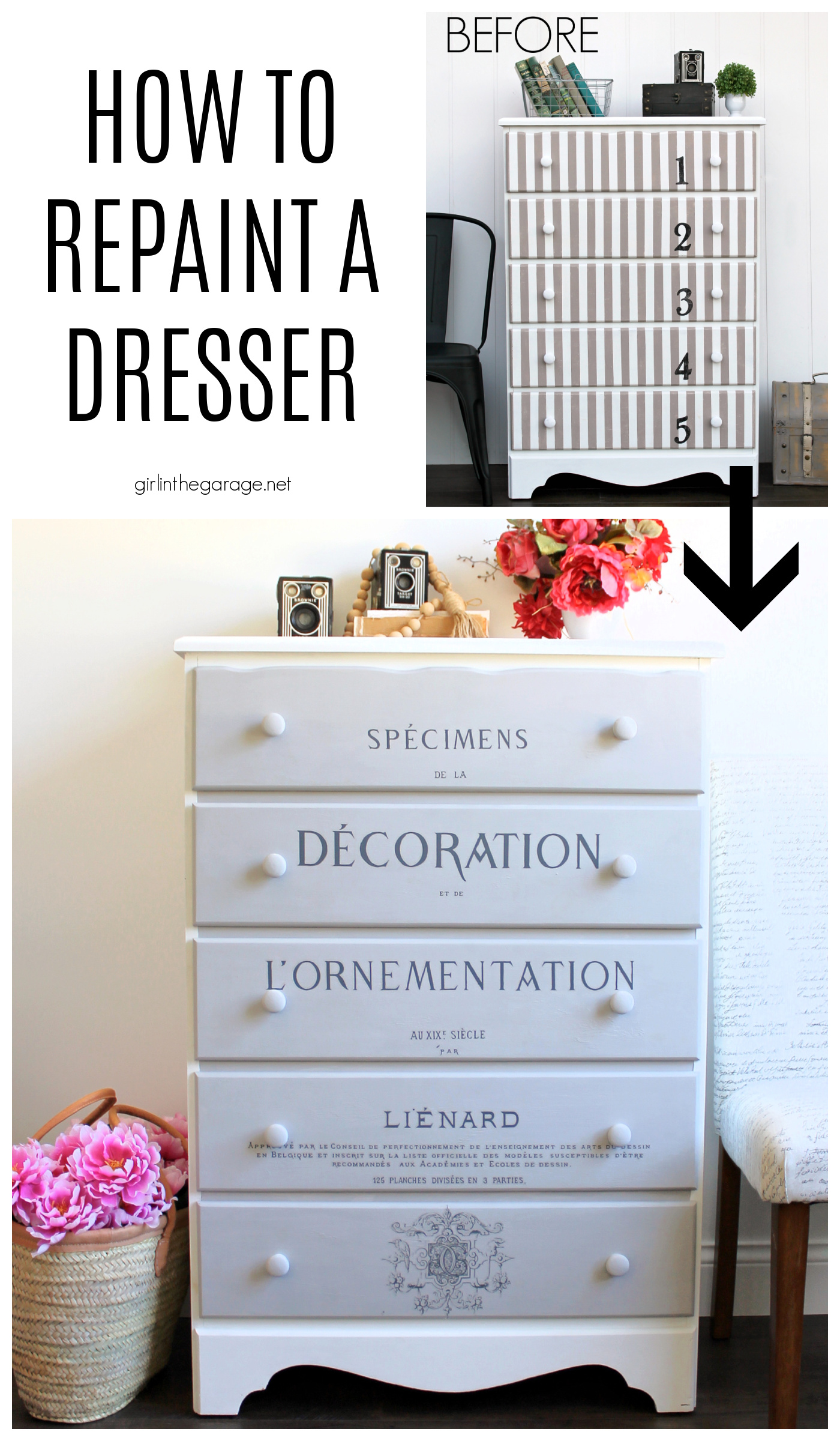 Learn the simple steps for how to repaint a dresser the right way. Complete tutorial by Girl in the Garage.