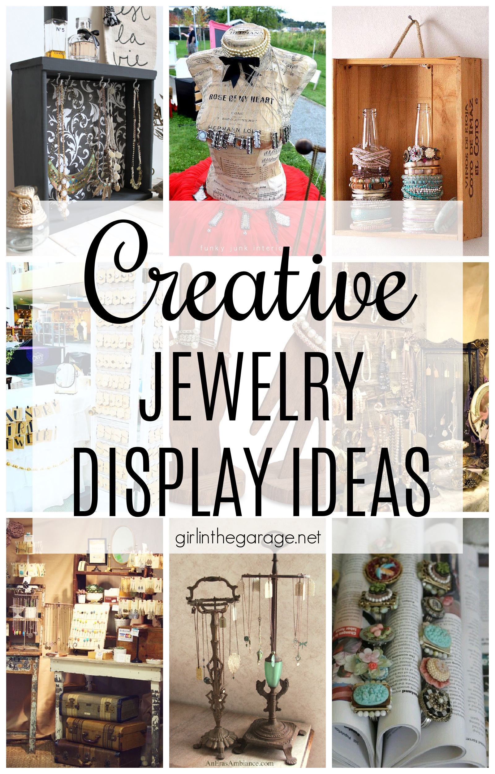 Creative jewelry display ideas for craft shows, boutiques, and your own home. Included are necklace display ideas, bracelet display ideas, earring display ideas, etc. - via Girl in the Garage