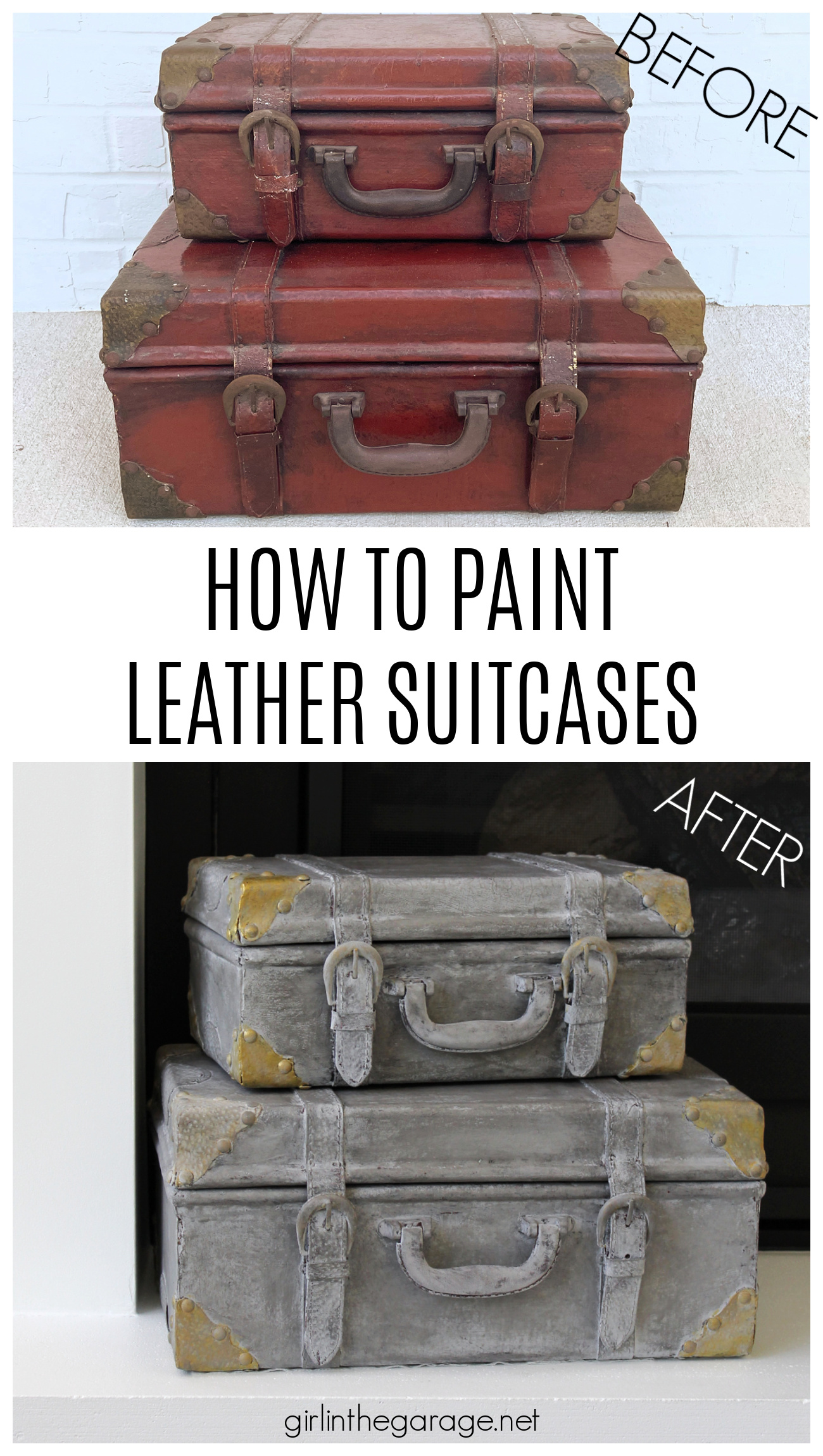 Learn how to paint a leather suitcase as beautiful custom decor for your home. Step by step painting tutorial by Girl in the Garage.