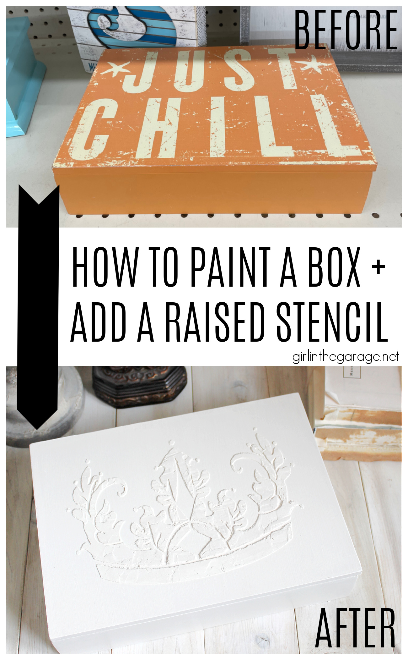 Learn how to paint a box and add a raised stencil for a stunning custom design. Step by step tutorial by Girl in the Garage.