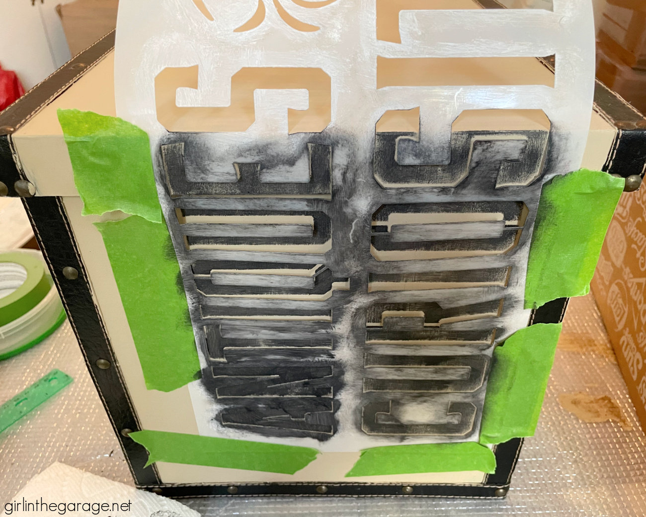 How to paint and stencil a thrifted storage box for a vintage industrial makeover. By Girl in the Garage