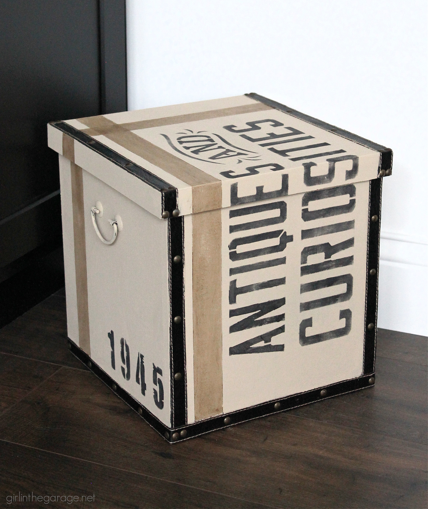 How to paint and stencil a thrifted storage box for a vintage industrial makeover. By Girl in the Garage