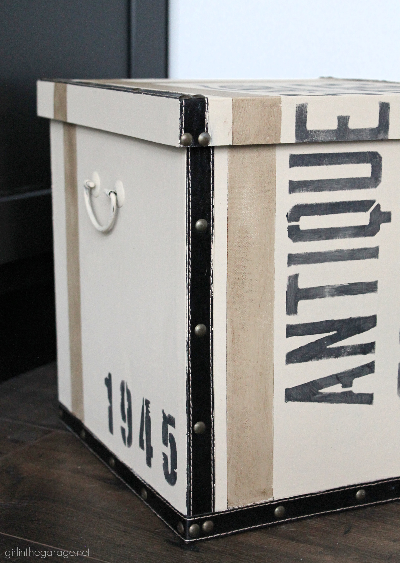 How to paint and stencil a thrifted storage box for a vintage industrial makeover. By Girl in the Garage