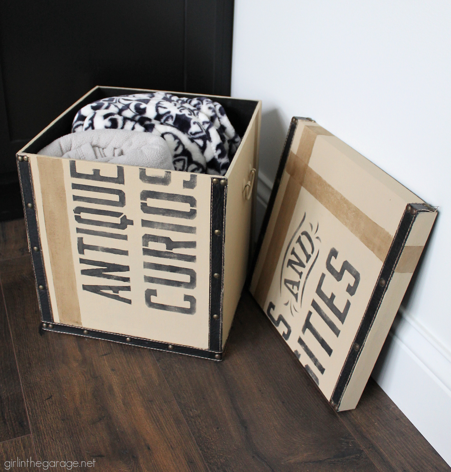 How to paint and stencil a thrifted storage box for a vintage industrial makeover. By Girl in the Garage