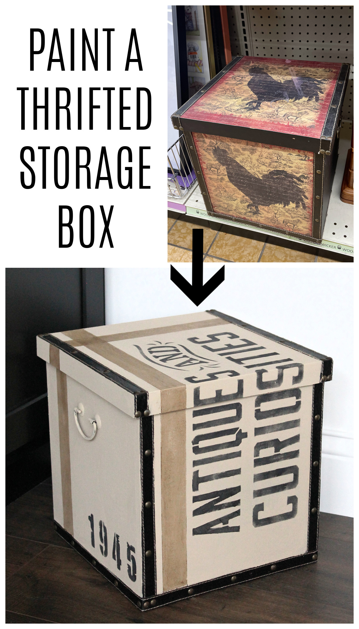 How to paint and stencil a thrifted storage box for a vintage industrial makeover. By Girl in the Garage