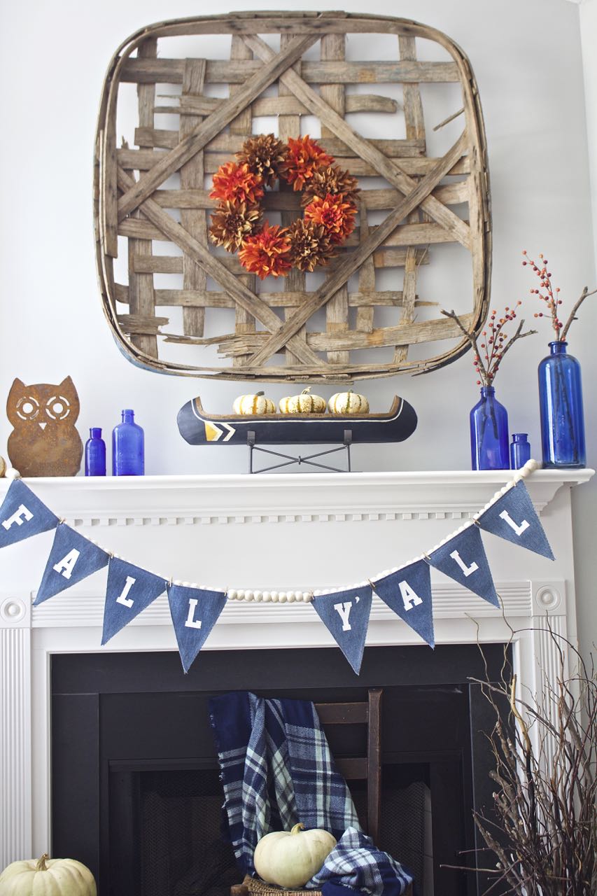 Fall Mantel with Antique Tobacco Basket - 2 Bees in a Pod