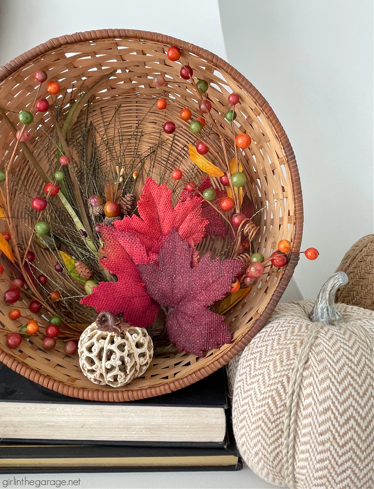 Festive fall basket ideas for decorating your mantel, home, and porch. Be inspired with these easy and gorgeous fall decorating ideas. By Girl in the Garage