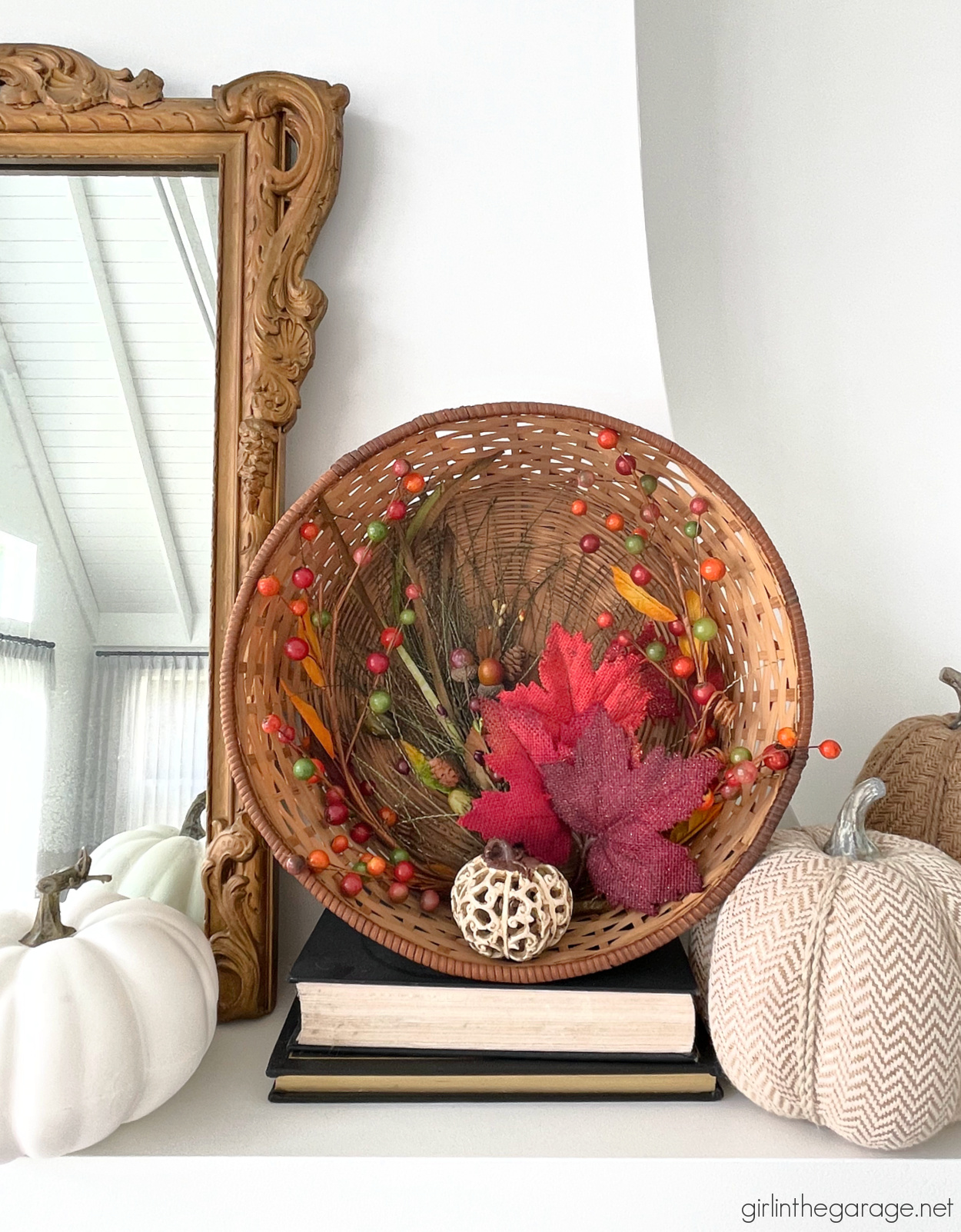 Festive fall basket ideas for decorating your mantel, home, and porch. Be inspired with these easy and gorgeous fall decorating ideas. By Girl in the Garage