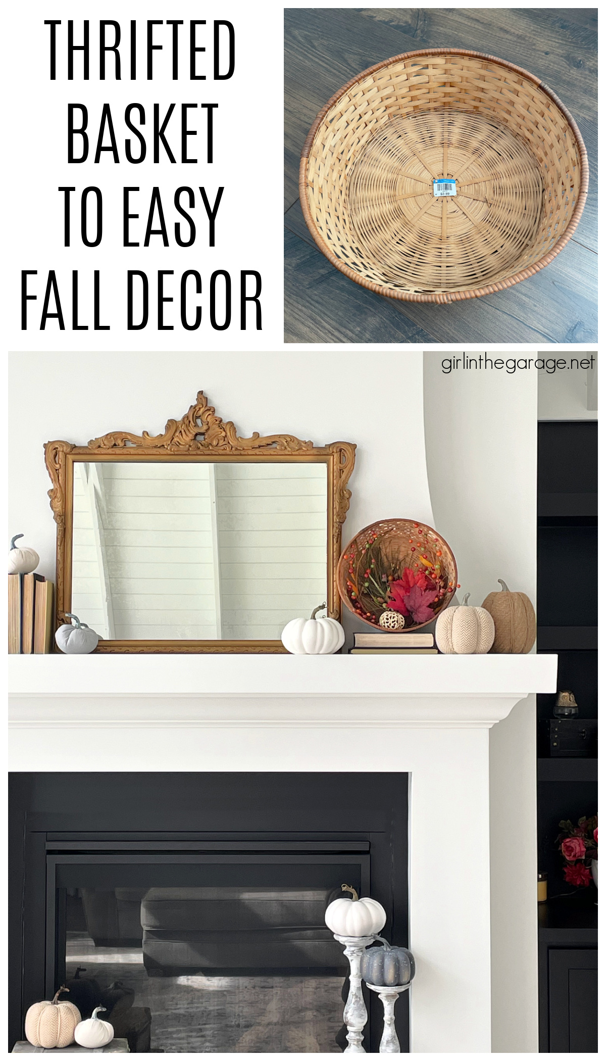 Festive fall basket ideas for decorating your mantel, home, and porch. Be inspired with these easy and gorgeous fall decorating ideas. By Girl in the Garage