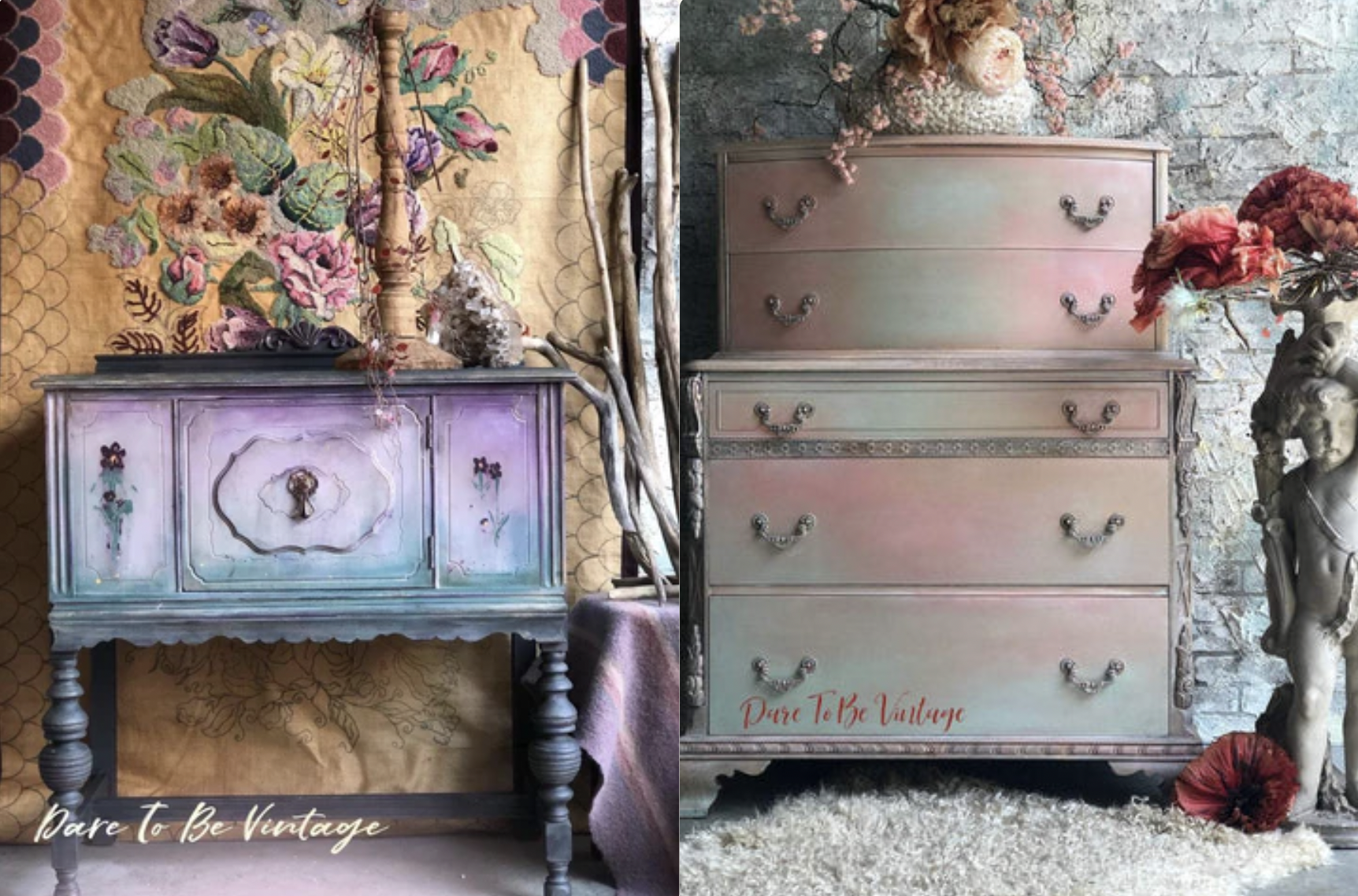 Boho painted furniture makeovers with blended paint colors - by Dare to Be Vintage