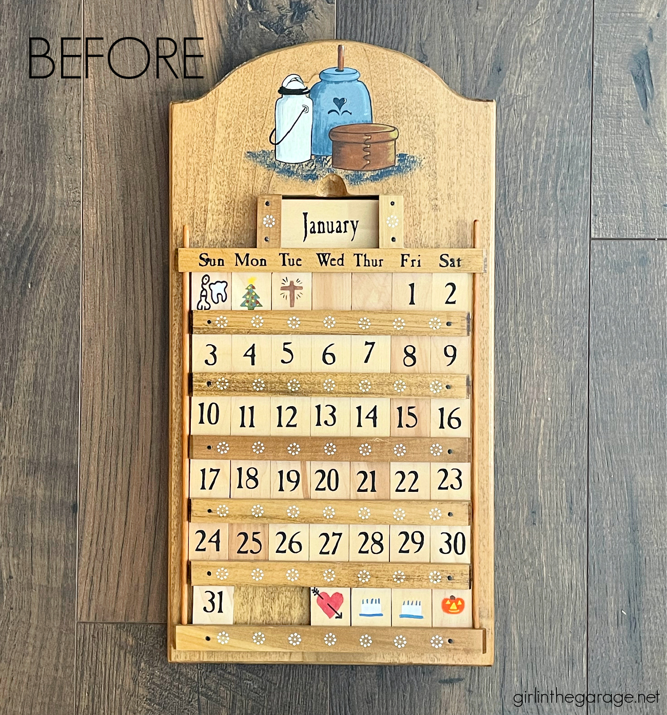 How to transform an outdated DIY wooden perpetual wall calendar into chic modern vintage style. By Girl in the Garage