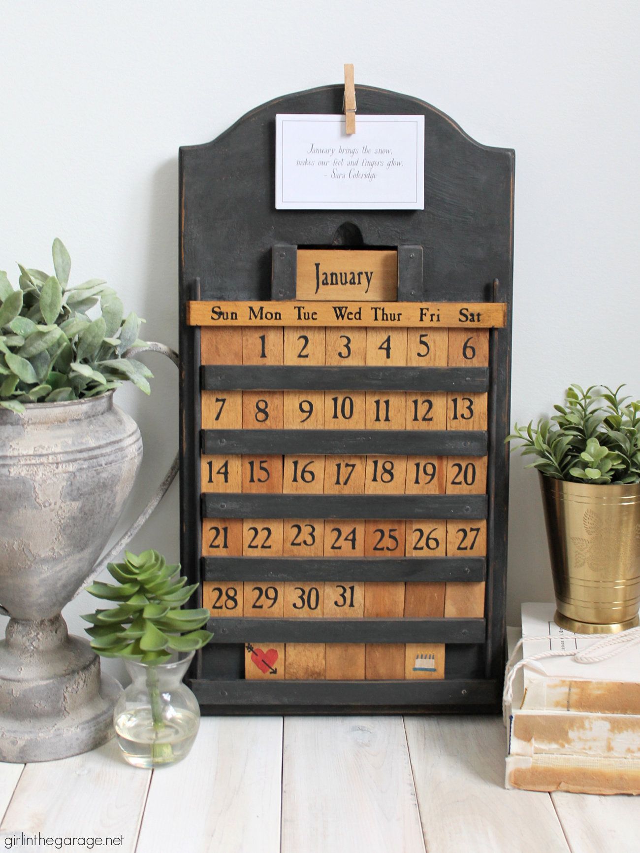 How to transform an outdated DIY wooden perpetual wall calendar into chic modern vintage style. By Girl in the Garage