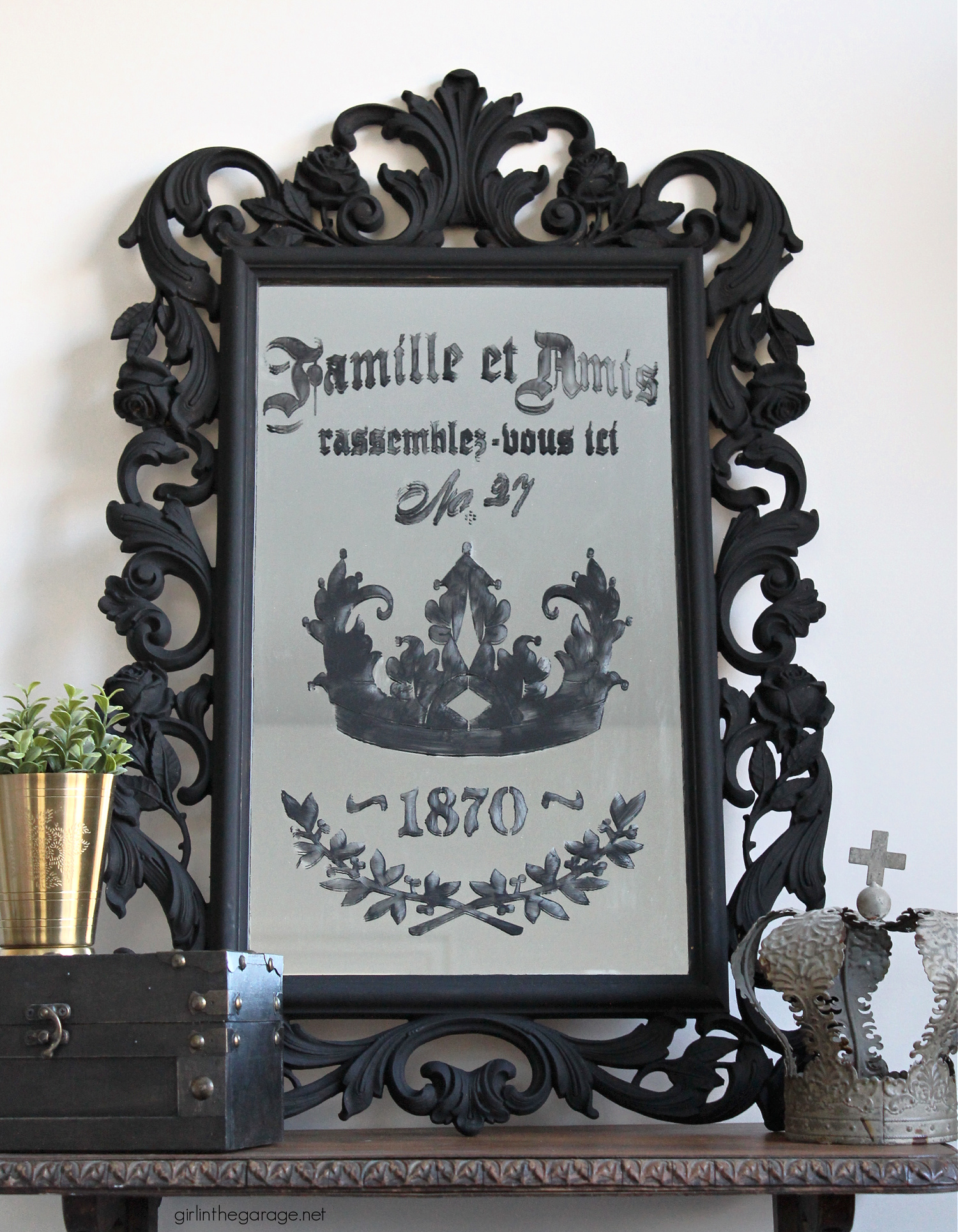 Budget friendly decor idea: Learn how to paint and stencil a mirror for chic custom home decor. By Girl in the Garage