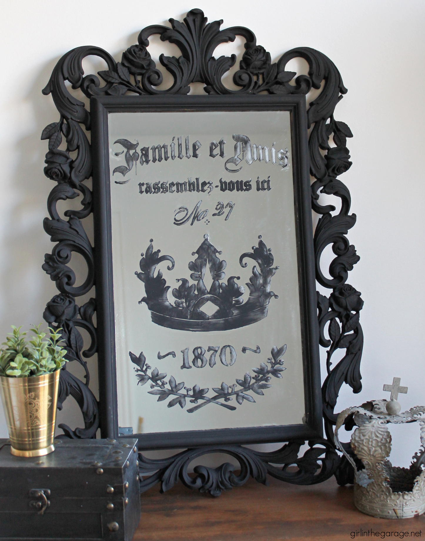 Budget friendly decor idea: Learn how to paint and stencil a mirror for chic custom home decor. By Girl in the Garage