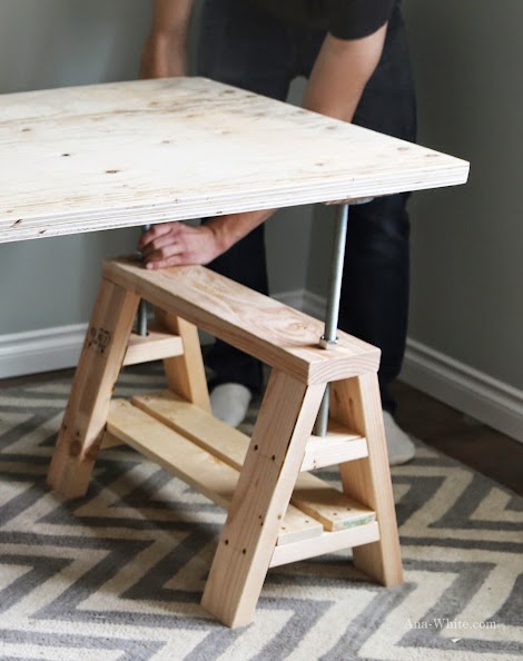 Modern industrial adjustable sawhorse desk to coffee table - building plans via Ana White