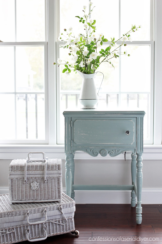 Thrifted sewing table updated in pale blue paint and distressed - by Confessions of a Serial DIYer