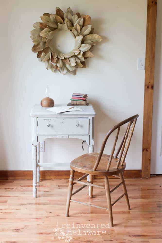 Sewing table transformation with chippy milk paint in pale green - by Reinvented Delaware