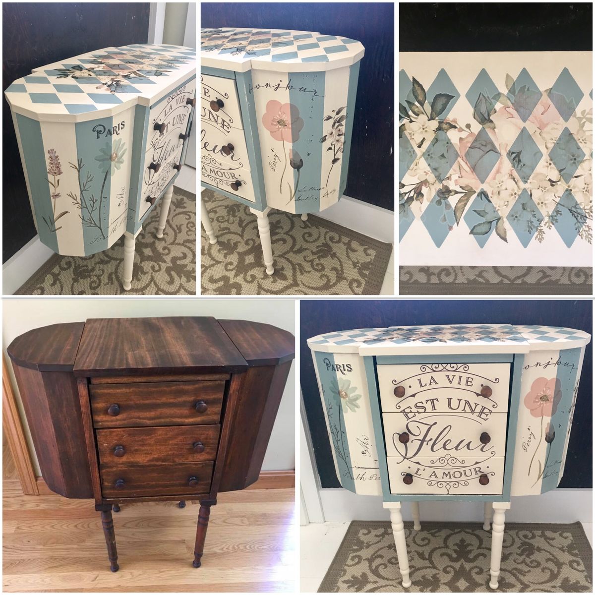 Martha Washington sewing cabinet painted with Annie Sloan Chalk Paint and adorned with Prima Marketing image transfers