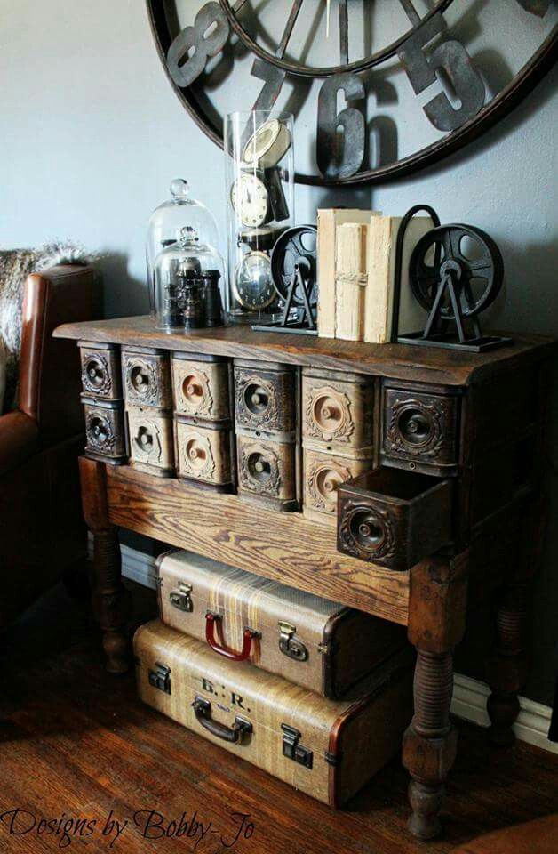 Old sewing machine table drawers repurposed into side table storage piece