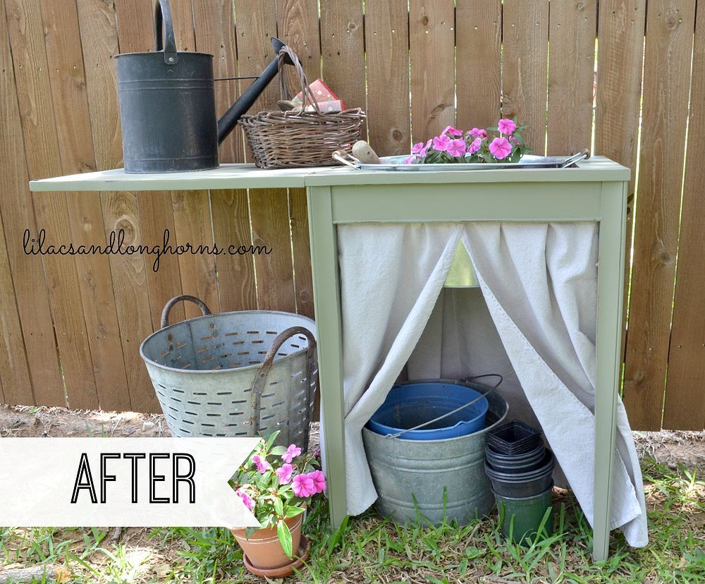 Old sewing table turned potting bench - by Lilacs and Longhorns
