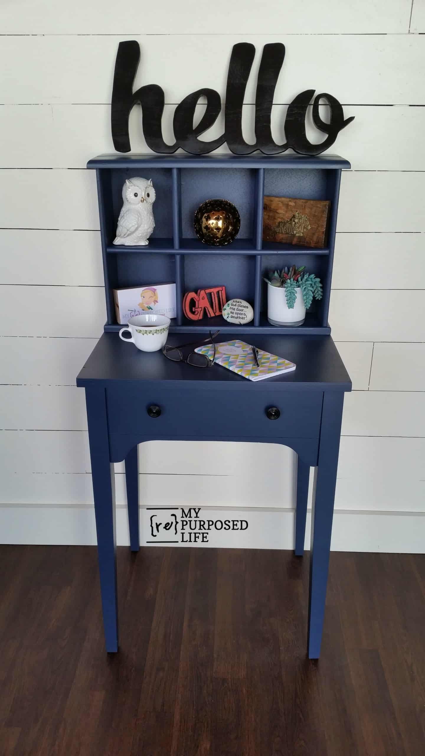 An old sewing table and a random drawer become a new writing table with shelf - by My Repurposed Life