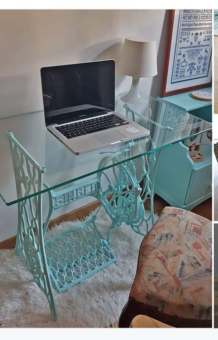Singer sewing machine table base painted turquoise with glass table top
