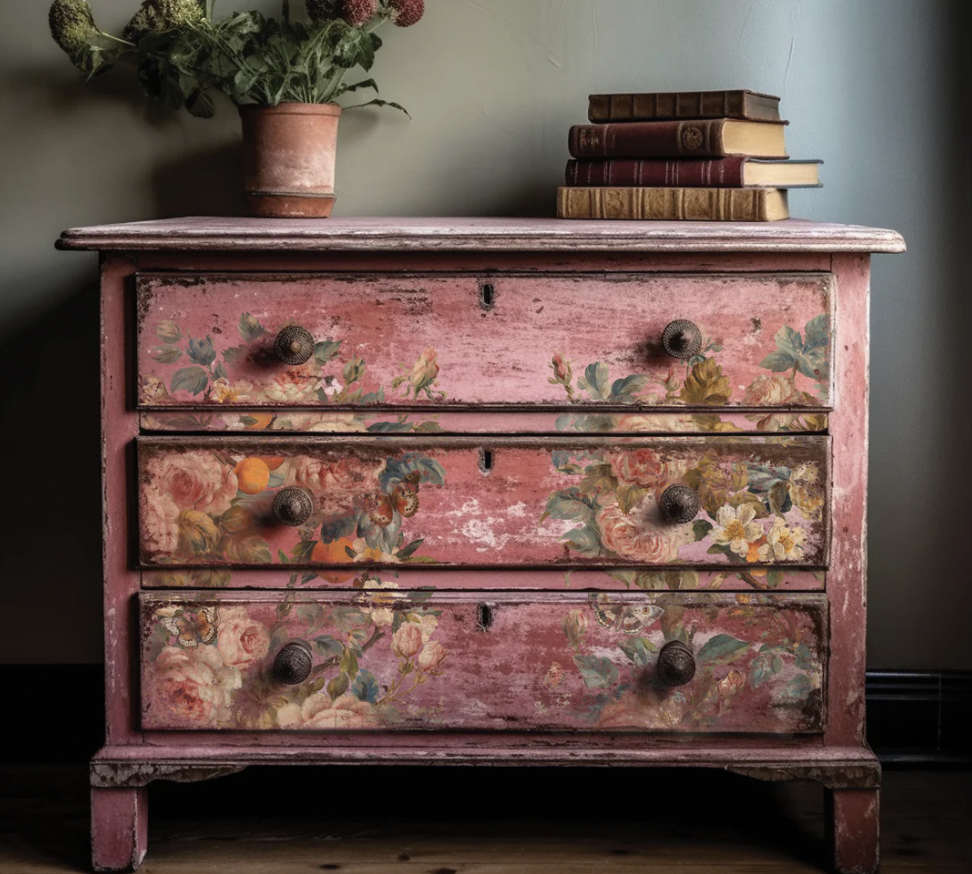 Painted dresser featuring the Joie des Roses IOD furniture transfer from Iron Orchid Designs Painted dresser featuring the Joie des Roses IOD furniture transfer from Iron Orchid Designs