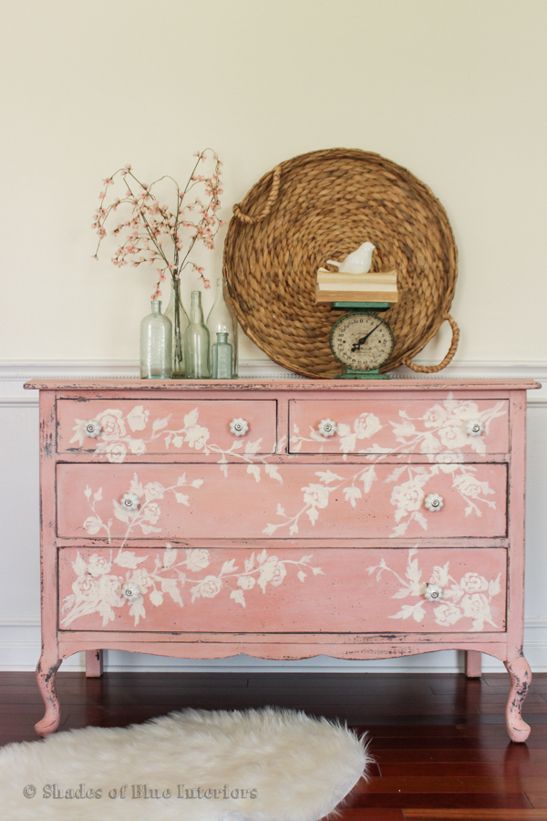 Antique dresser painted with Miss Mustard Seed's Milk Paint in Apron Strings and Ironstone, with a freehand floral design - by Shades of Blue Interiors Antique dresser painted with Miss Mustard Seed's Milk Paint in Apron Strings and Ironstone, with a freehand floral design - by Shades of Blue Interiors