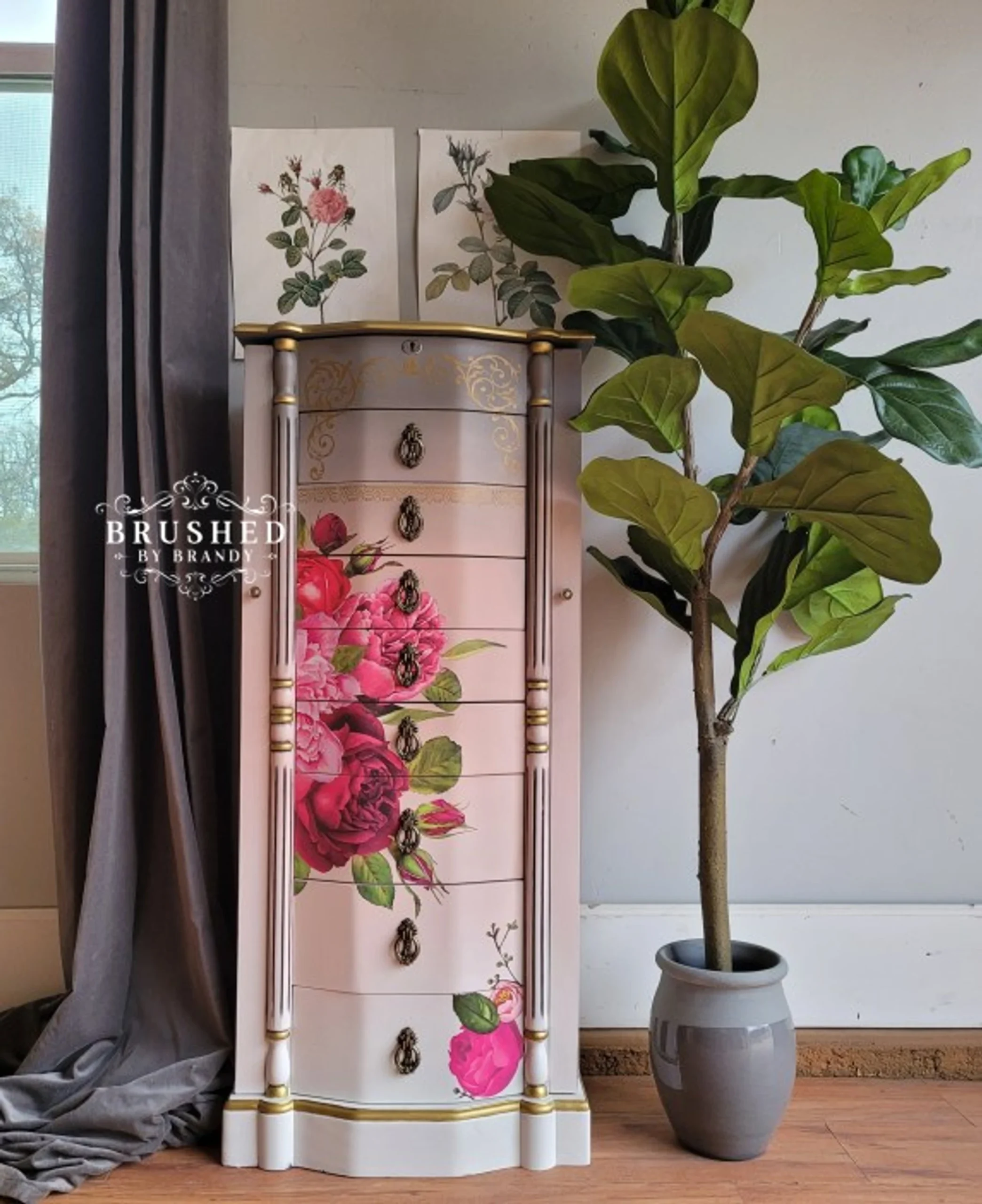 Pink painted jewelry armoire using blended paint colors and Lush floral transfer from Redesign with Prima - by Brushed by Brandy Pink painted jewelry armoire using blended paint colors and Lush floral transfer from Redesign with Prima - by Brushed by Brandy