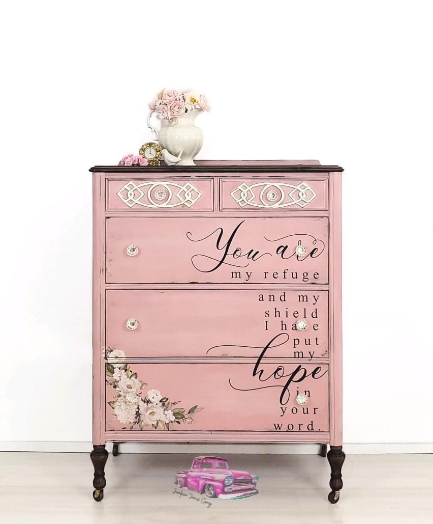 Pink painted dresser with Miss Lillian's Moo Paint in Apple Blossom - by Junkin' Jones Gang Pink painted dresser with Miss Lillian's Moo Paint in Apple Blossom - by Junkin' Jones Gang