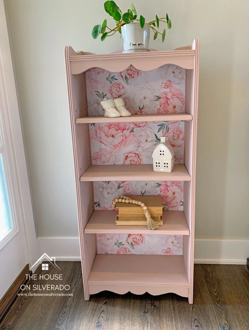 Pink painted antique bookshelf in Dixie Belle Tea Rose with peel and stick floral wallpaper - by The House on Silverado Pink painted antique bookshelf in Dixie Belle Tea Rose with peel and stick floral wallpaper - by The House on Silverado