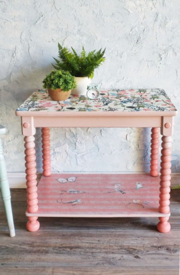 Ombre pink painted table using Pretty Meadows decoupage paper, Parisian Butterflies rub-on transfer, and Floral Net stencil - updated by Half Past Four Design Ombre pink painted table using Pretty Meadows decoupage paper, Parisian Butterflies rub-on transfer, and Floral Net stencil - updated by Half Past Four Design