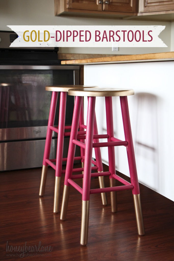 Raspberry pink and gold-dipped painted barstools with Krylon Gold Spray Paint - by Honey Bear Lane Raspberry pink and gold-dipped painted barstools with Krylon Gold Spray Paint - by Honey Bear Lane
